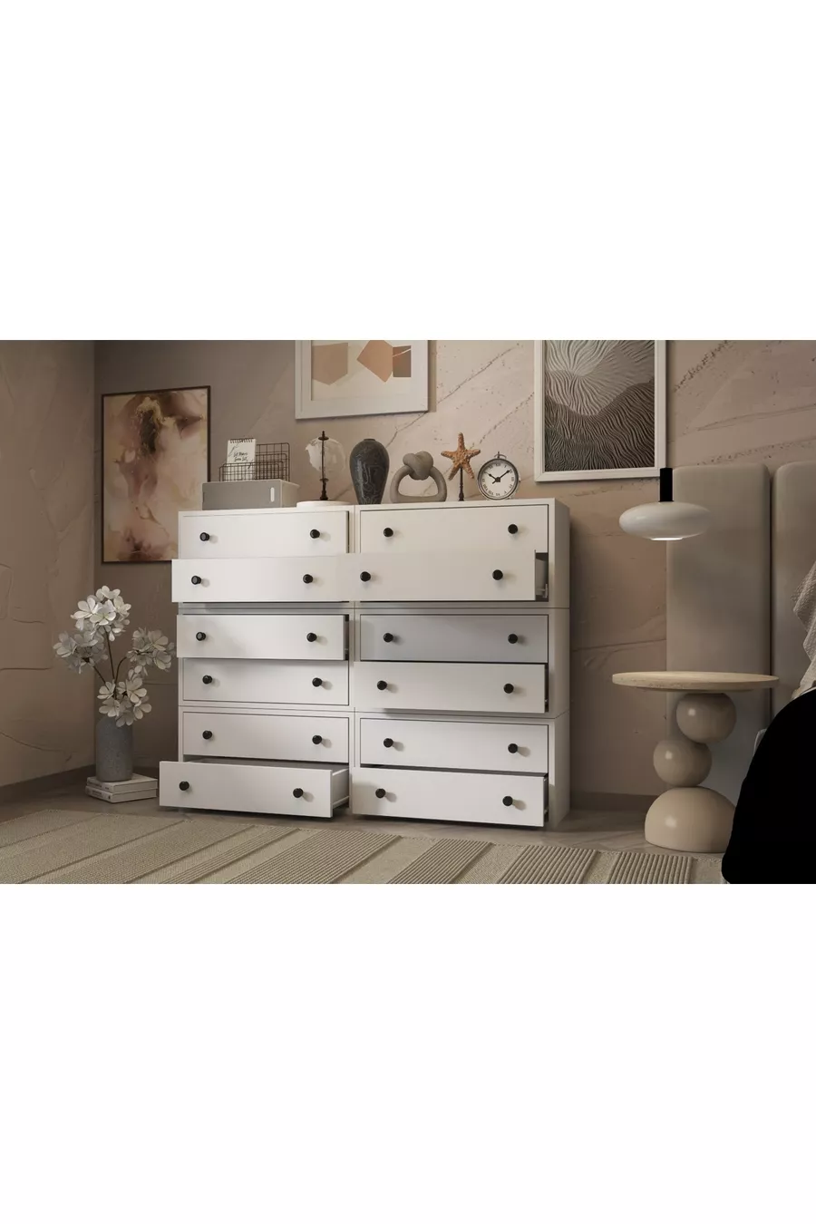 Commode blanche à douze tiroirs avec étagères, sans lattes