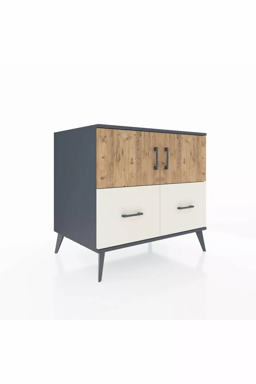 Commode Kronos 2 étagères 2 tiroirs 2 portes Anthracite-Sapin/Gris pierre