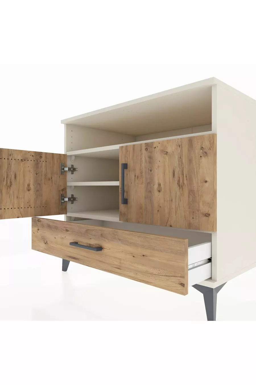 Commode Kronos avec 3 étagères, 1 tiroir et 2 portes, Pierre de Lune-Sapin