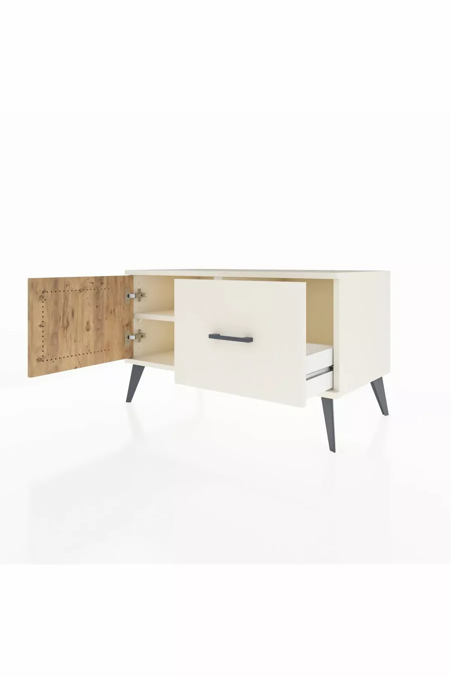 Commode Hyperion avec une étagère, un tiroir et une porte, coloris Pierre de Lune/Pin