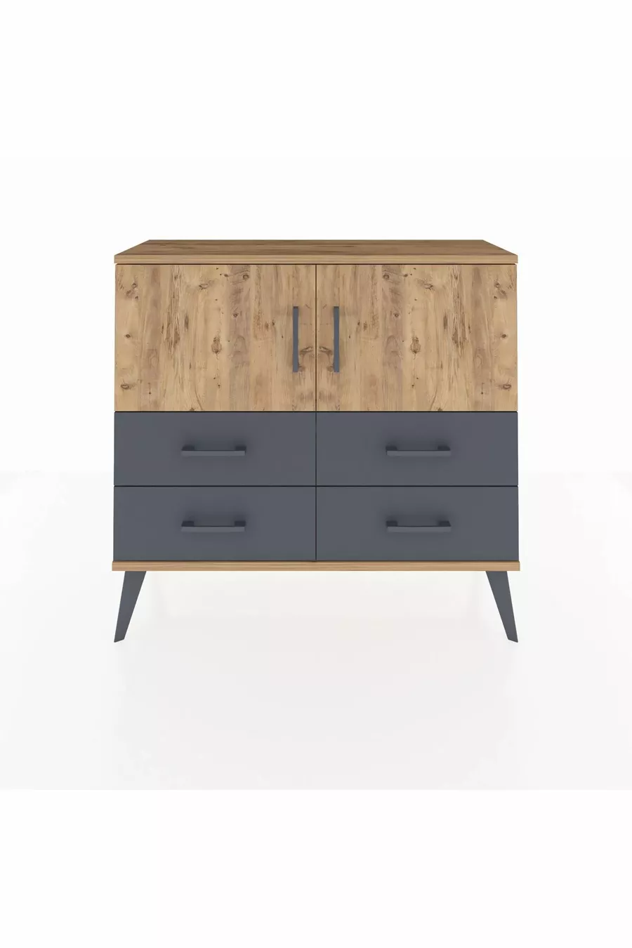 Commode Arges 2 étagères, 4 tiroirs, 2 portes, Pin/Anthracite