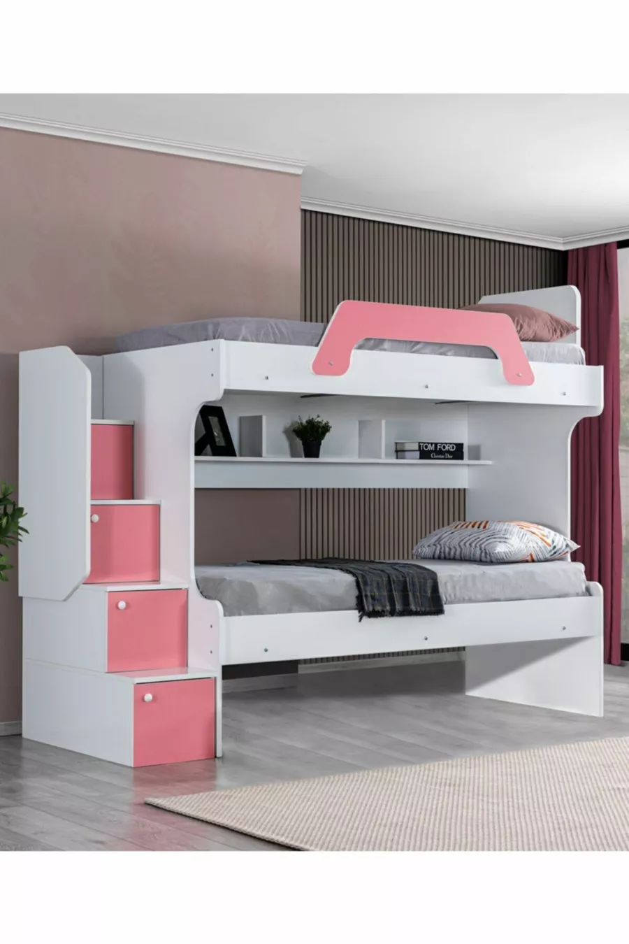 Lits superposés Ranza Inci 2 places - Rose 2 matelas confort