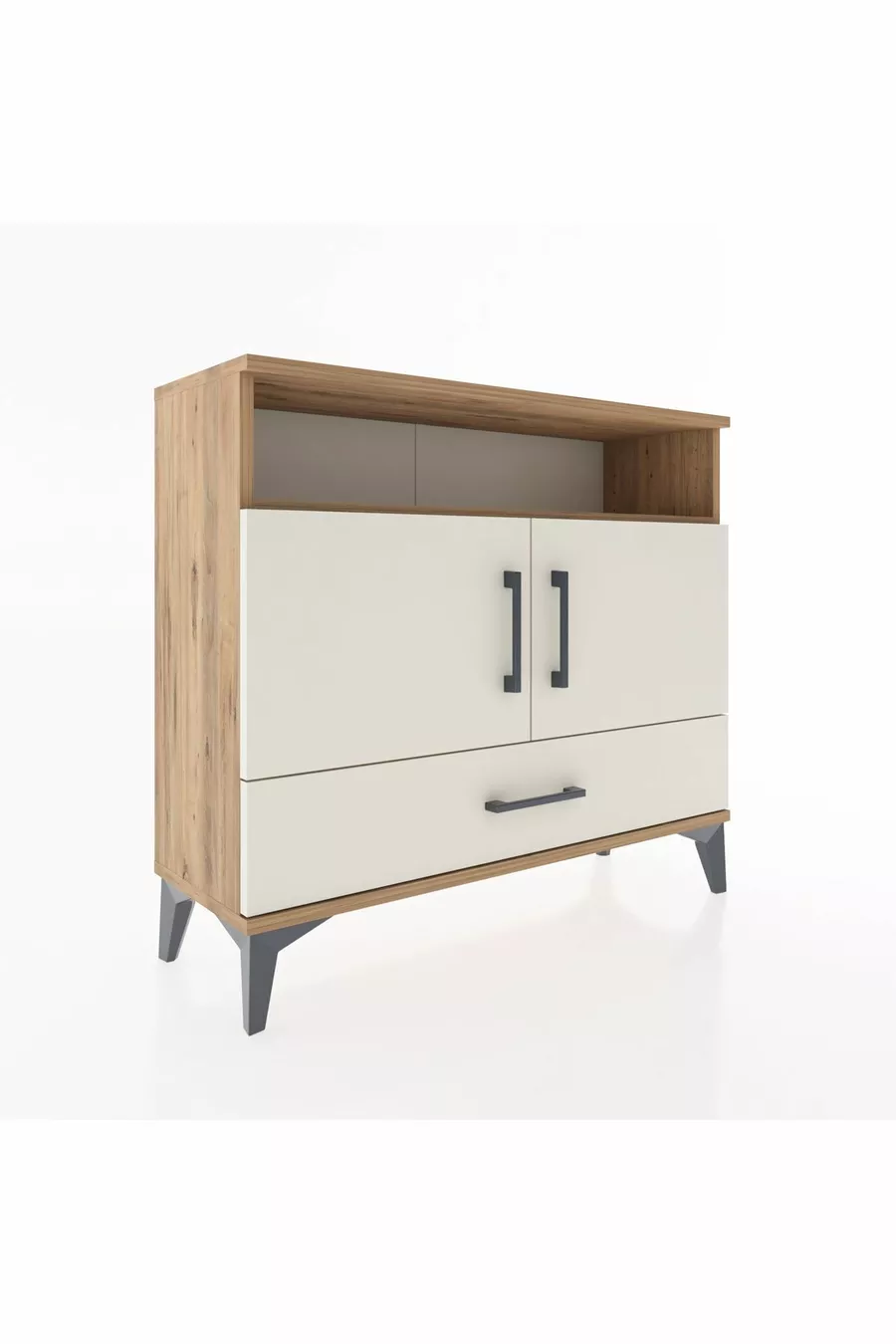 Commode Arges avec 3 étagères, 1 tiroir et 2 portes, en pin-pierre d'ardoise