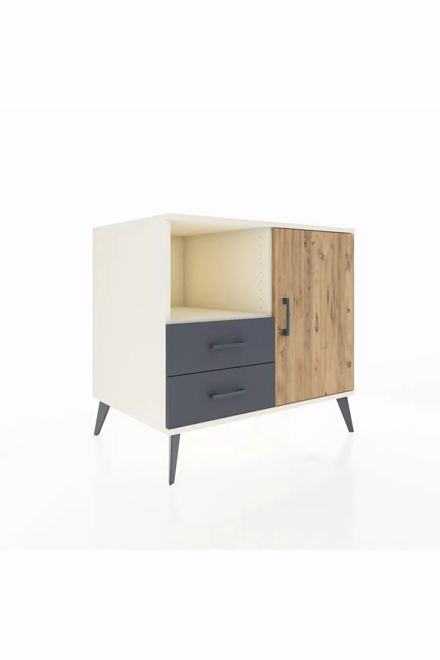 Commode Kronos avec 2 étagères, 2 tiroirs et 1 porte, Albâtre-Pin/Anthracite