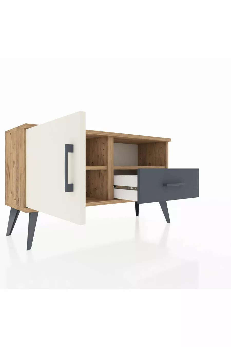 Commode Arges avec 2 étagères, 1 tiroir et 1 porte, en pin-pierre d'âme / anthracite