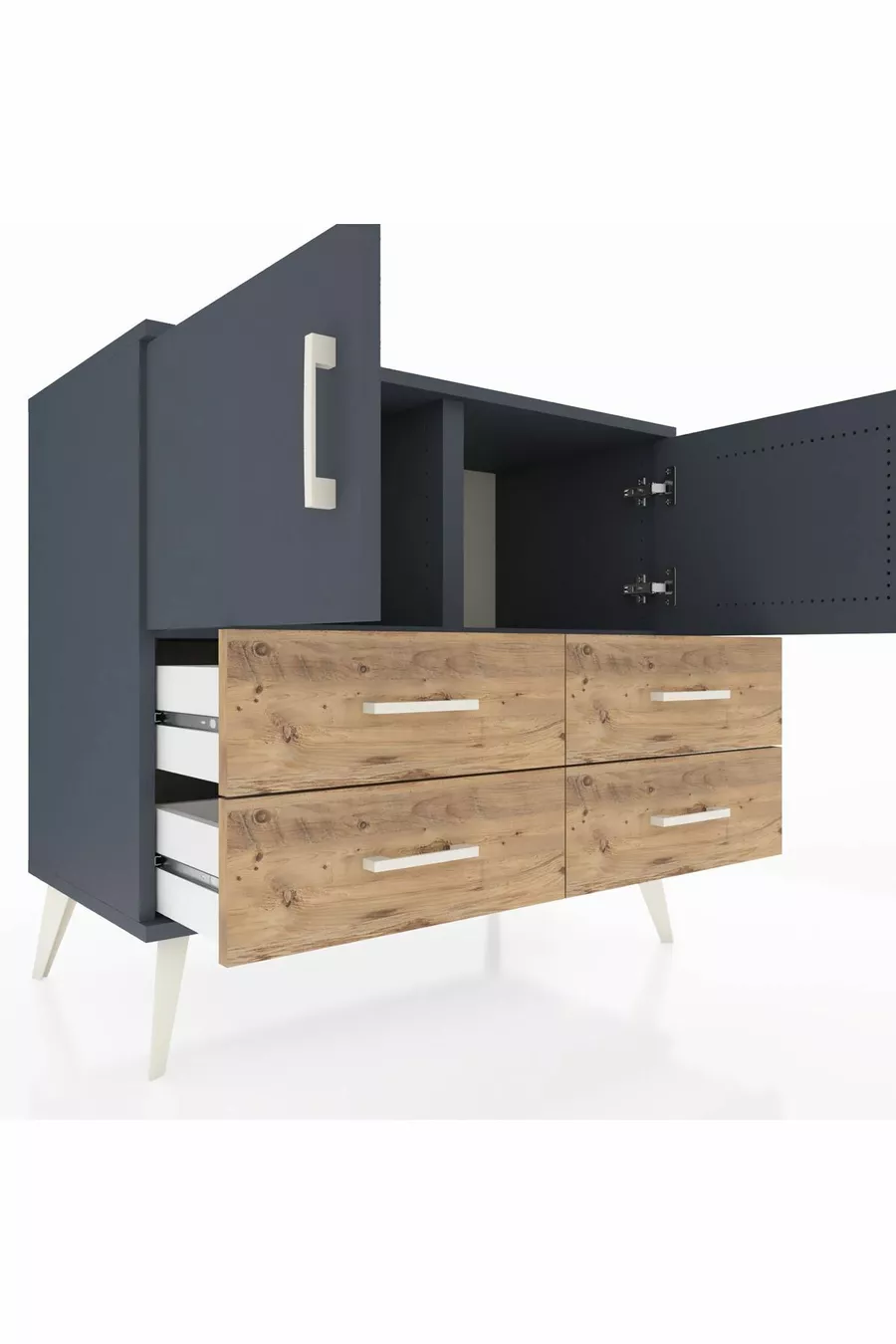 Commode Hyperion 2 étagères 4 tiroirs 2 portes Anthracite-Anthracite/Pin