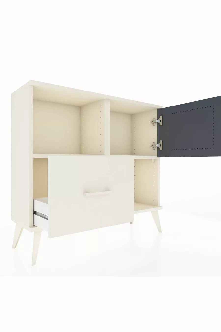 Commode Arges avec 2 étagères, 1 tiroir et 1 porte, couleur Pierre de Lune-Anthracite/Pierre de Lune