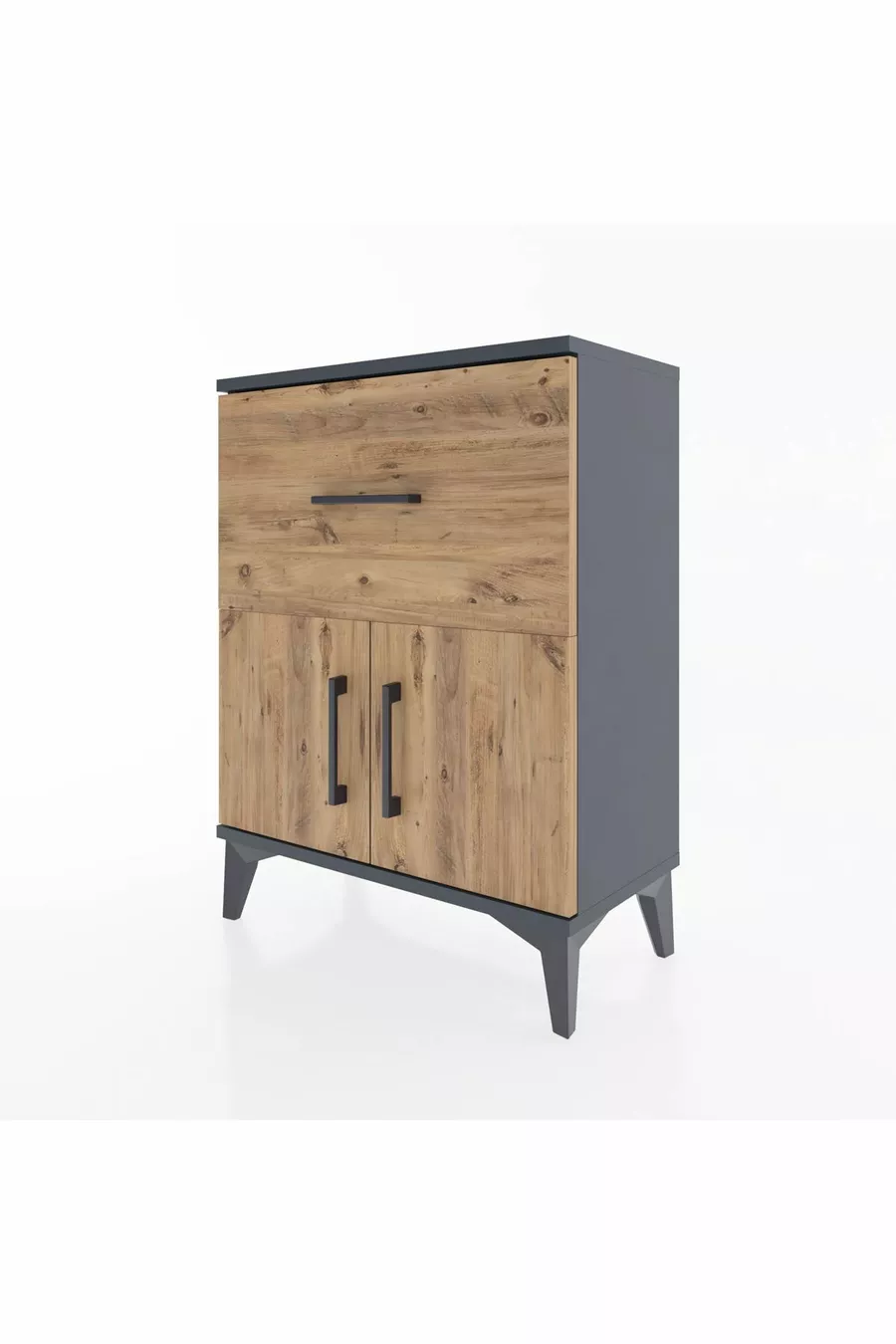 Table de chevet Arges avec une étagère, un tiroir et deux portes, Anthracite-Épicéa