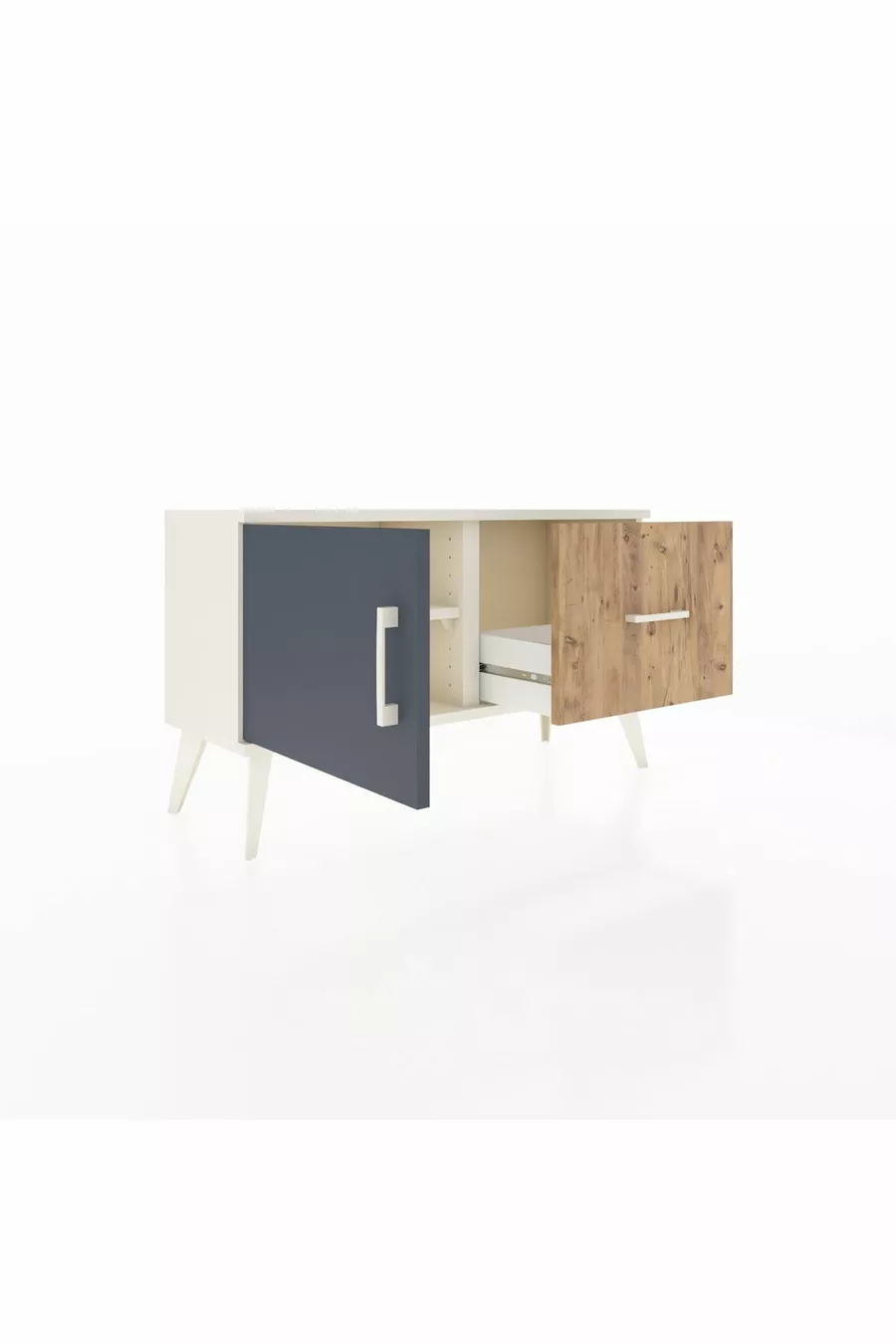 Commode Arges avec une étagère, un tiroir et une porte, coloris Pierre de Lune-Anthracite/Pin