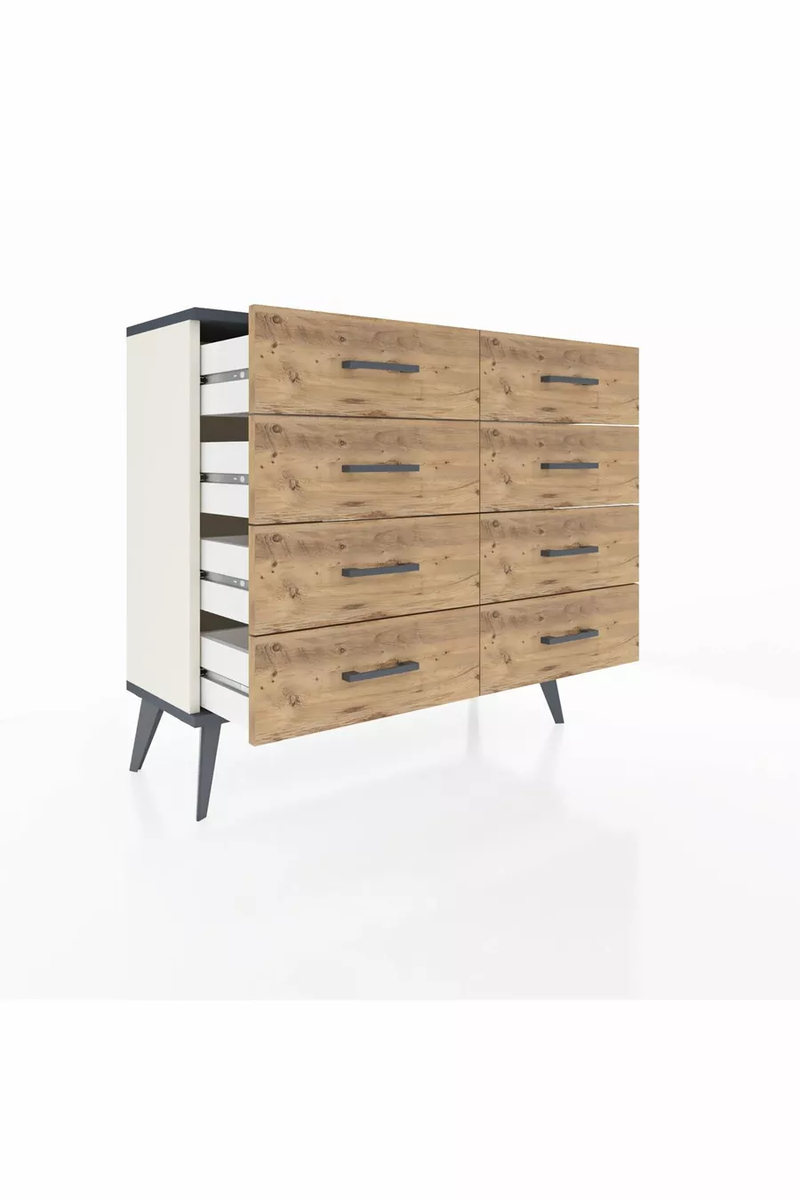 Commode Arges 8 tiroirs Pierre d'Agate-Anthracite/Pin