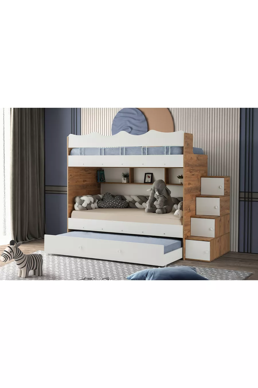 Lit superposé Cloud / Pin-blanc / 3 sections de couchage avec escalier et armoire / 100 % MDF