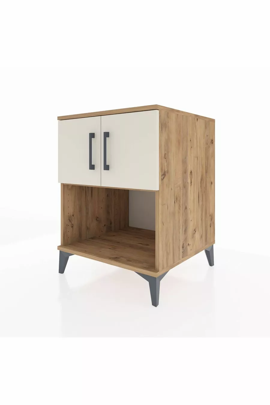 Table de chevet Kronos avec 2 étagères et 2 portes, pin-pierre d'orme