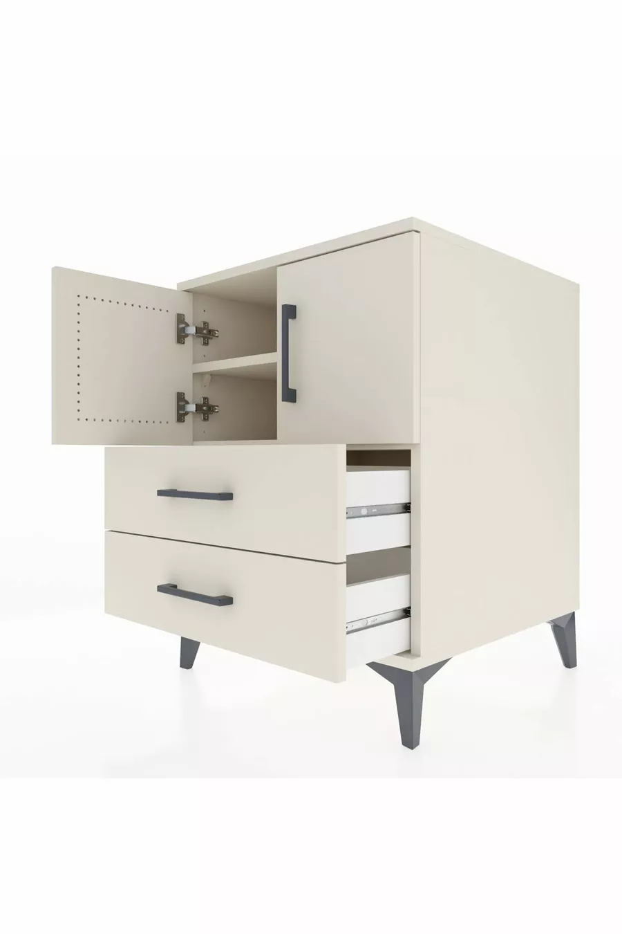 Kronos Table de Chevet avec 2 Étagères, 2 Tiroirs et 2 Portes, Albâtre-Albâtre