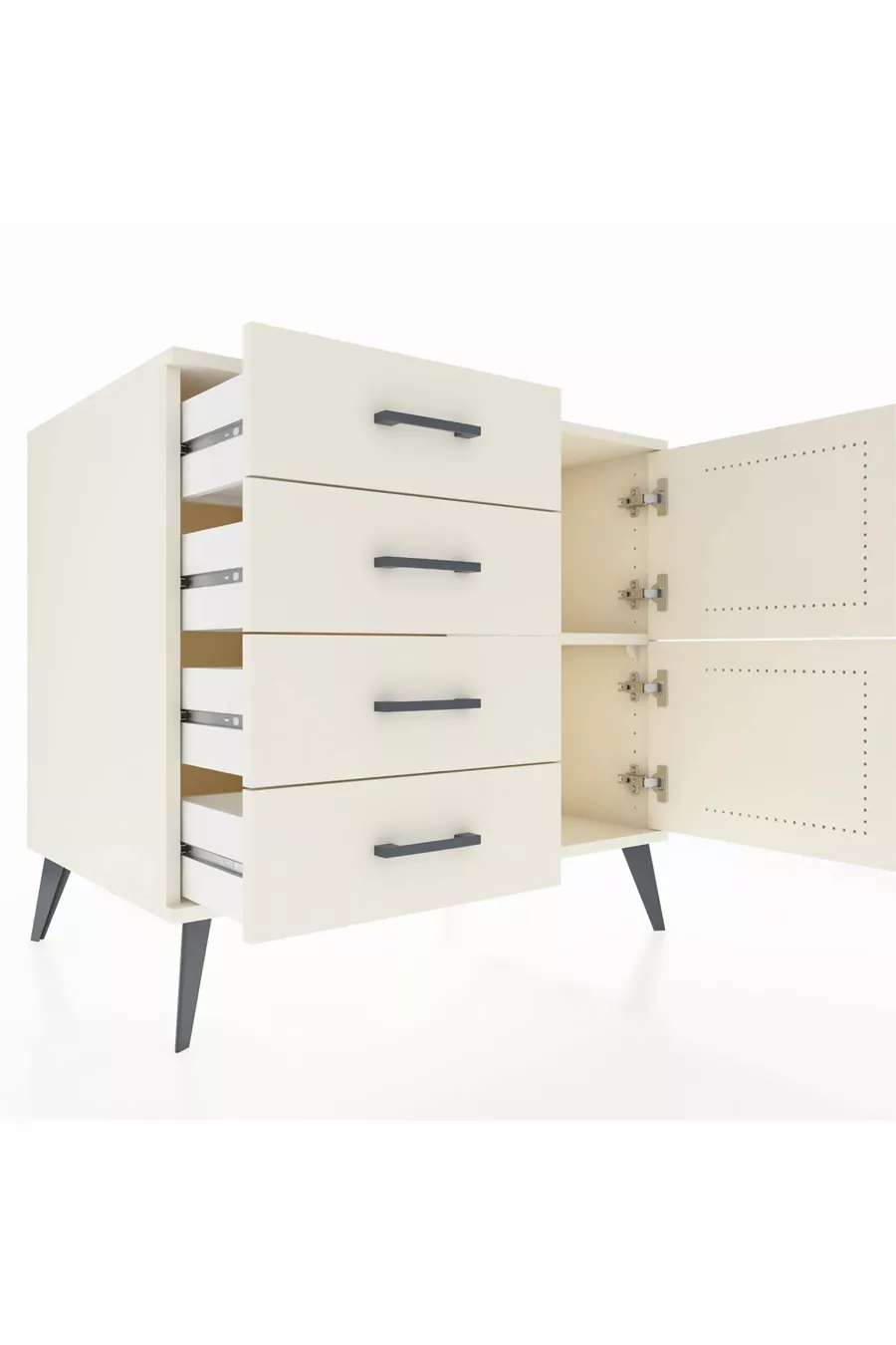 Commode Kronos avec une étagère, 4 tiroirs et 2 portes, couleur Pierre de Lune