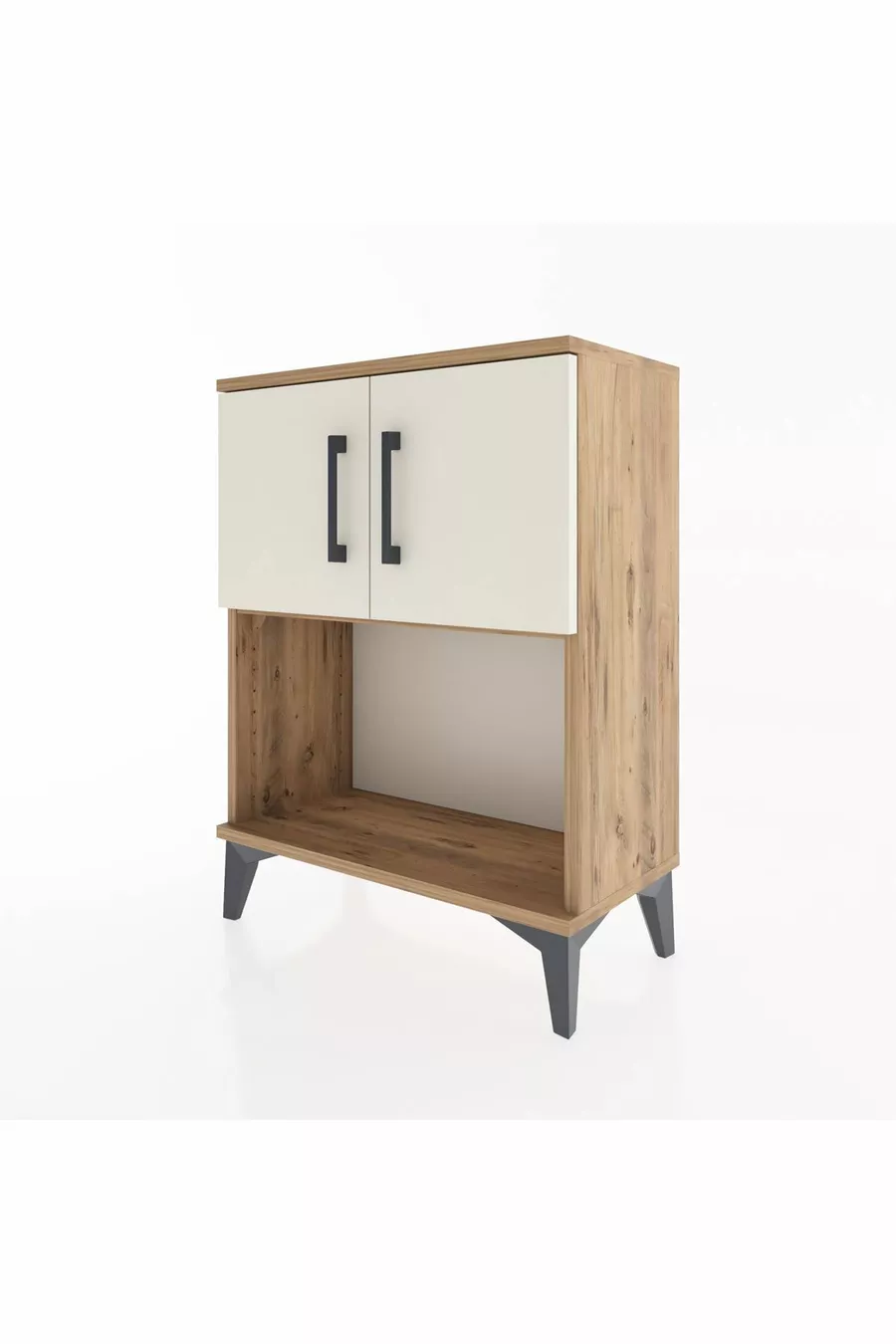 Table de chevet Arges à 2 étagères et 2 portes, pin-pierre d'onyx