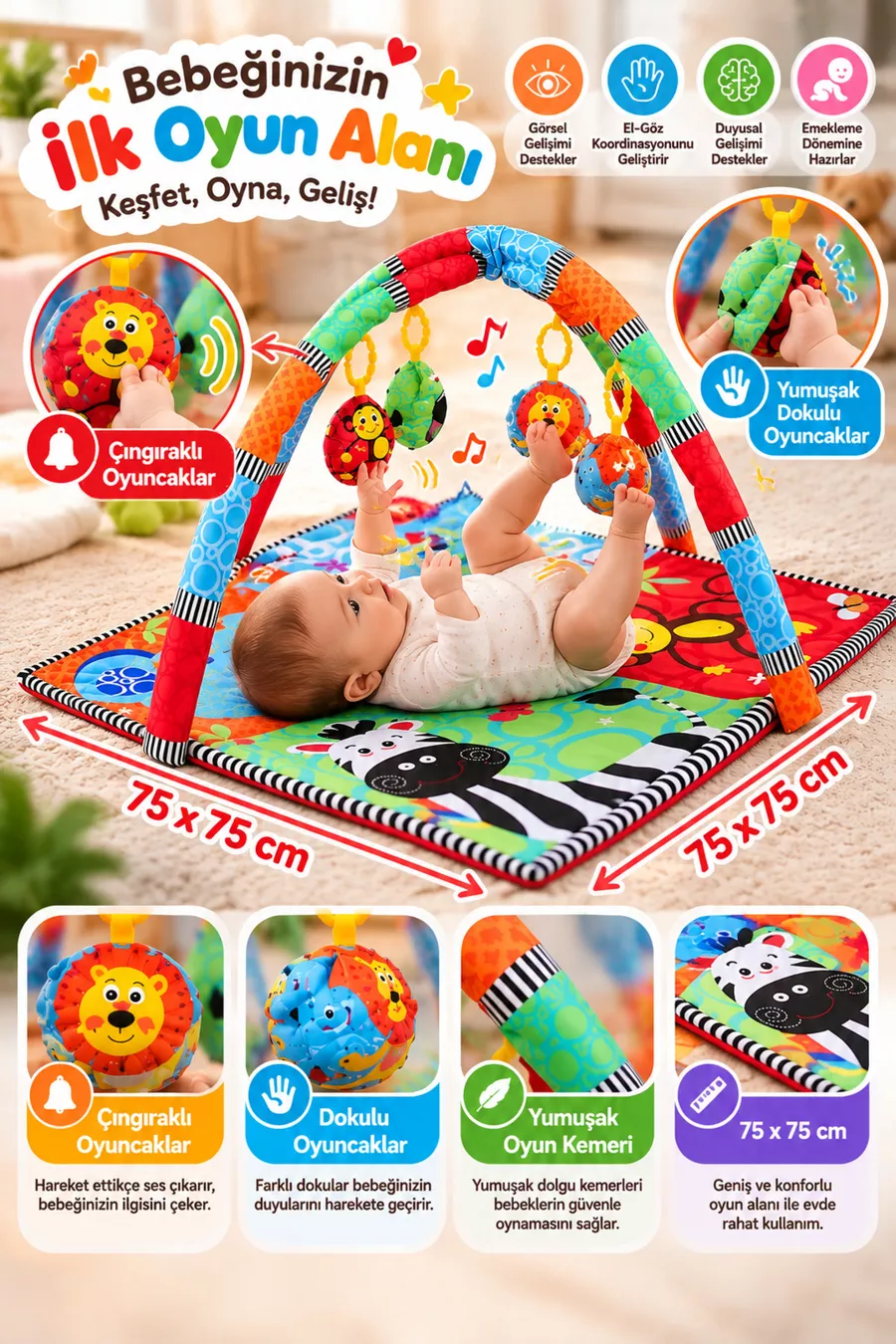 Tapis de jeu avec coussin et jouets pour bébé 