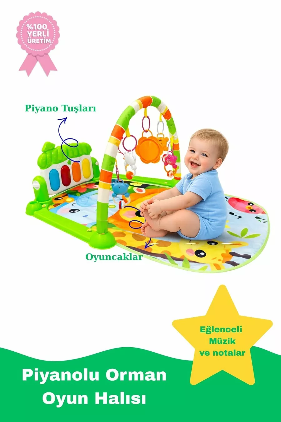 Tapis de jeu pour bébé à motif forêt avec piano – 0+ mois, tapis de développement lumineux et musical avec figures d'animaux
