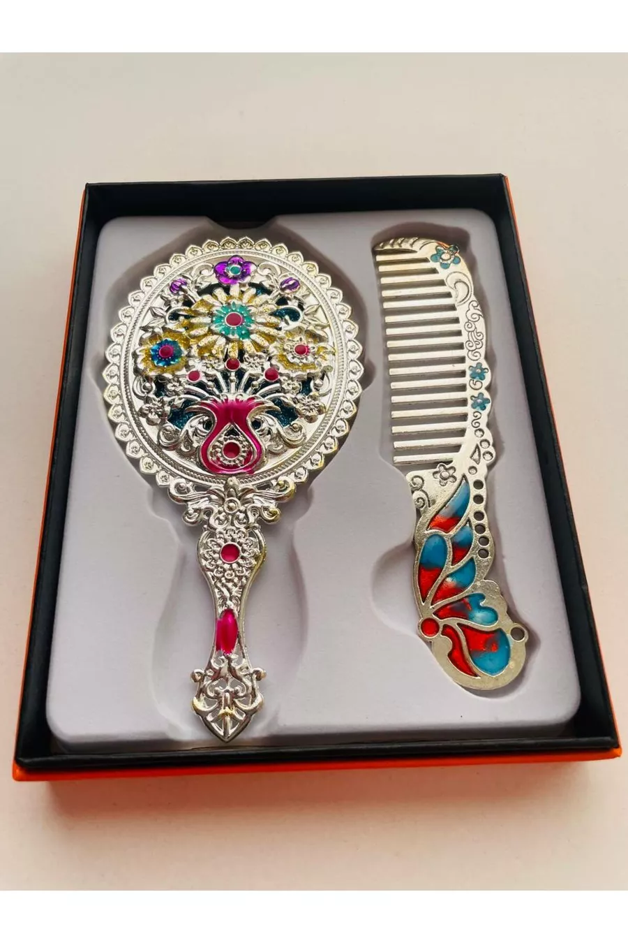 Ensemble Miroir et Peigne, Métal-Boîte-Cadeau, Brosse à Cheveux avec Miroir de  cm