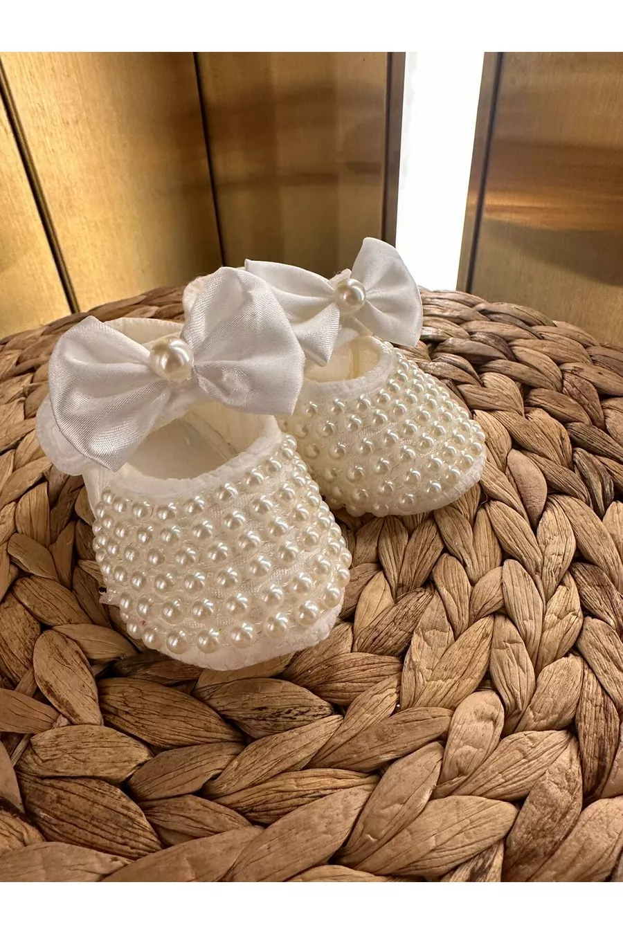 Chaussons de luxe pour bébé fille avec nœud, détails brillants et perles, 0-4 mois,  cm, cadeau avec velcro