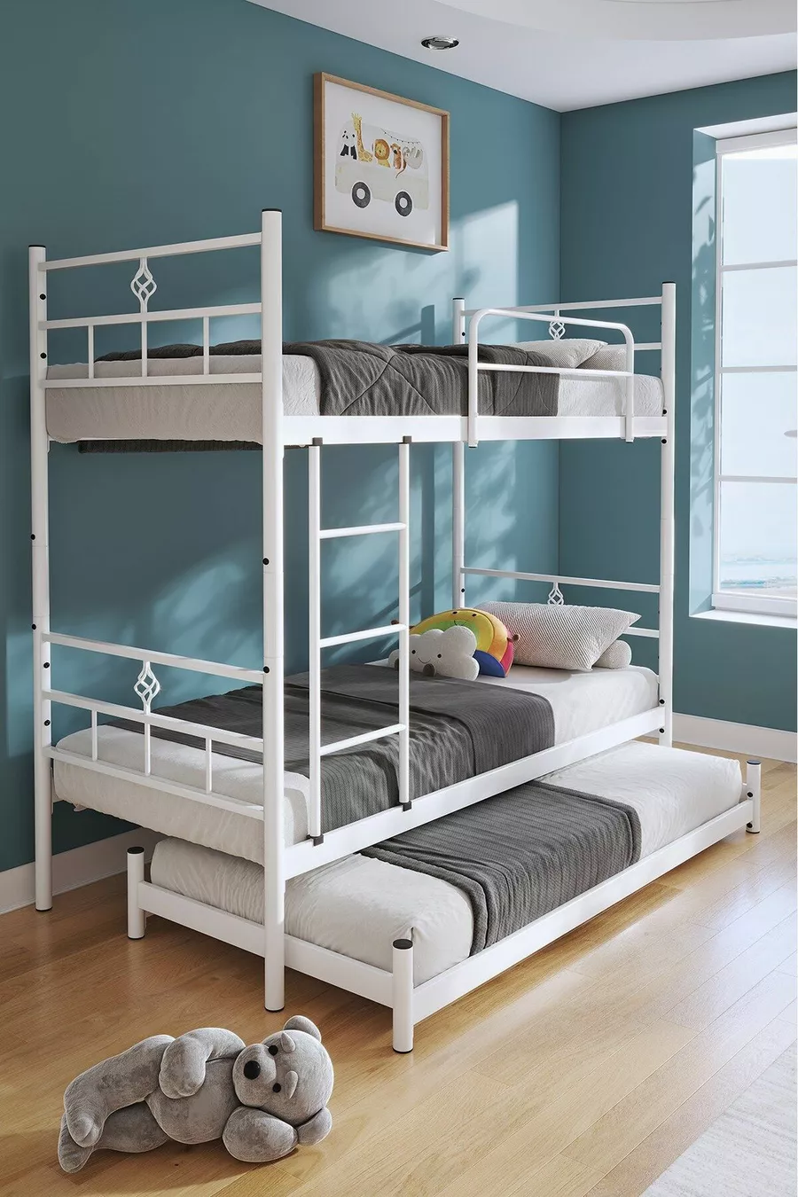 Lit superposé Koza avec tiroir, compatible avec matelas , pour 3 personnes, lit métallique blanc