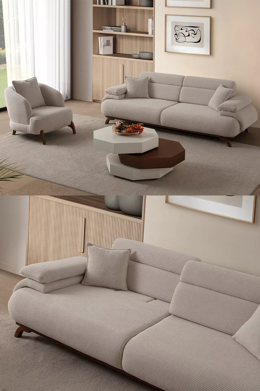 Ensemble de canapés Bonjo avec dossier à mécanisme et coffre 3+1 Beige