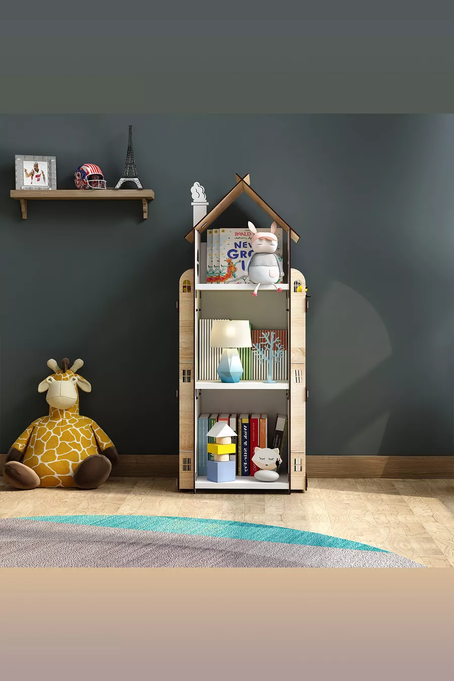 Bibliothèque Montessori en bois pour chambre d’enfant Roofy à 9 étagères, style scandinave
