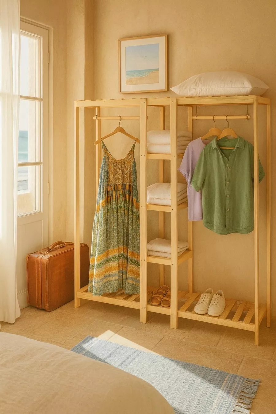Armoire ouverte en bois avec 2 tringles  cm Armoire polyvalente en bois de pin massif à  %