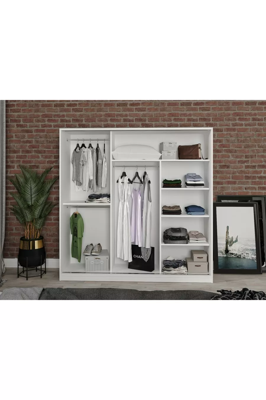 Armoire à vêtements Samira en MDF avec portes coulissantes et miroir blanc - MDF de première qualité