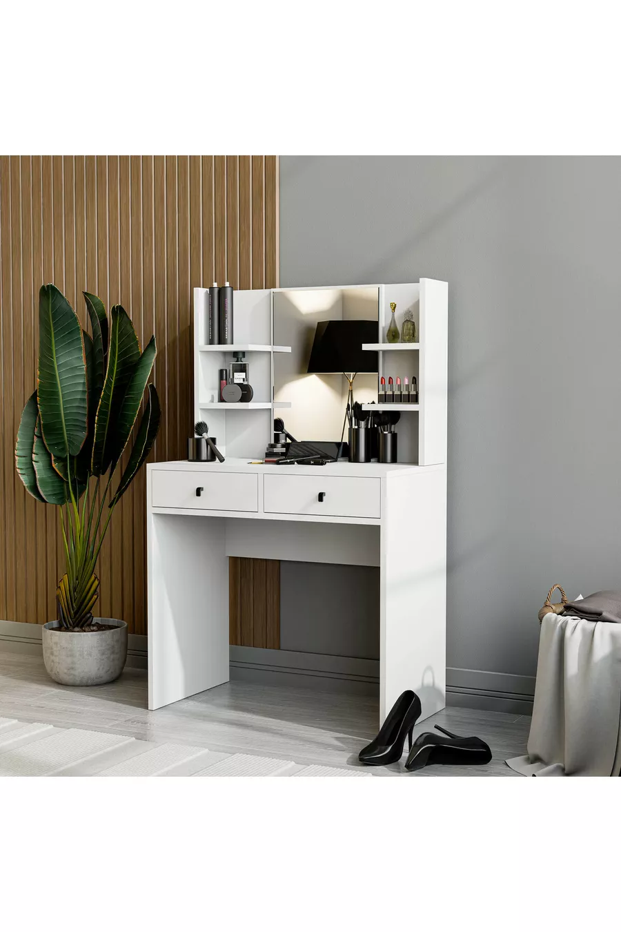 Coiffeuse blanche brillante avec miroir et 2 tiroirs, CM