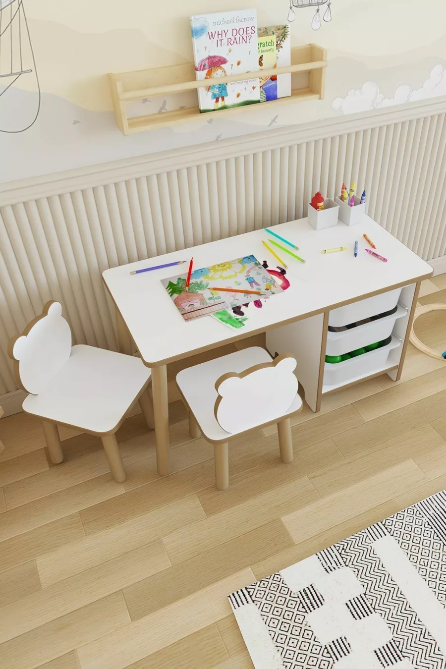 Ensemble table et chaises pour enfants - Table de travail et d'activités avec 3 paniers - Surface effaçable à sec - 2 chaises Panda