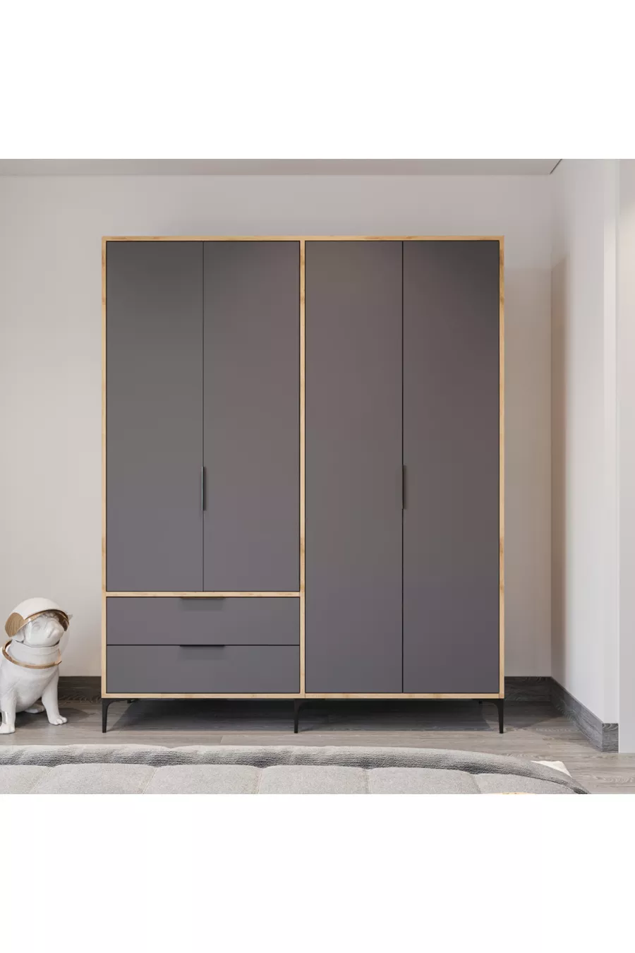 Armoire Aden anthracite complet à 4 portes avec tiroirs, penderie, armoire avec étagères