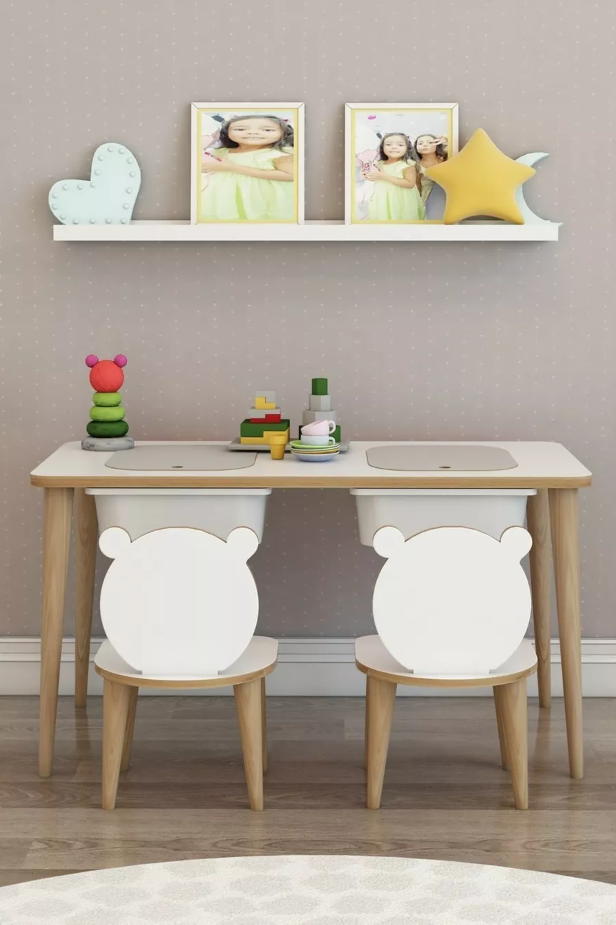 Bureau pour enfant, table de jeu et d'activités, table double avec chaises, usage été et hiver