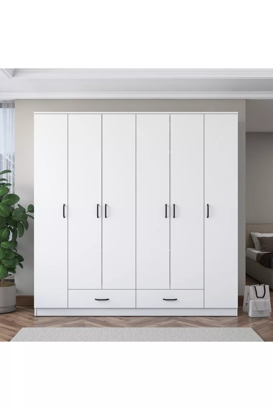 Rani  Armoire Spacieuse pour Vêtements 6 Portes 2 Tiroirs  Étagères 2 Tringles Blanche