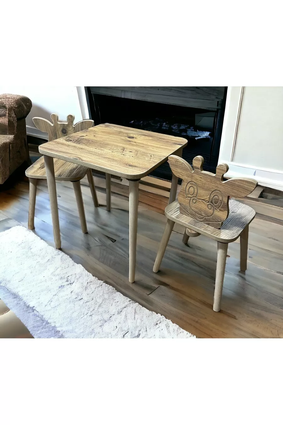 Ensemble table et chaises pour enfants en pin Zürafa, table d'activités, table de travail, 1 table et 2 chaises