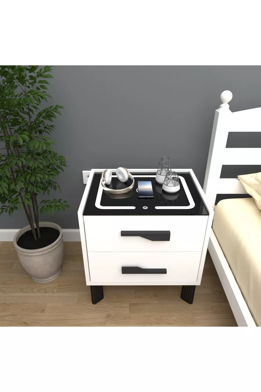 Table de chevet avec LED blanches et unité de charge Diamond