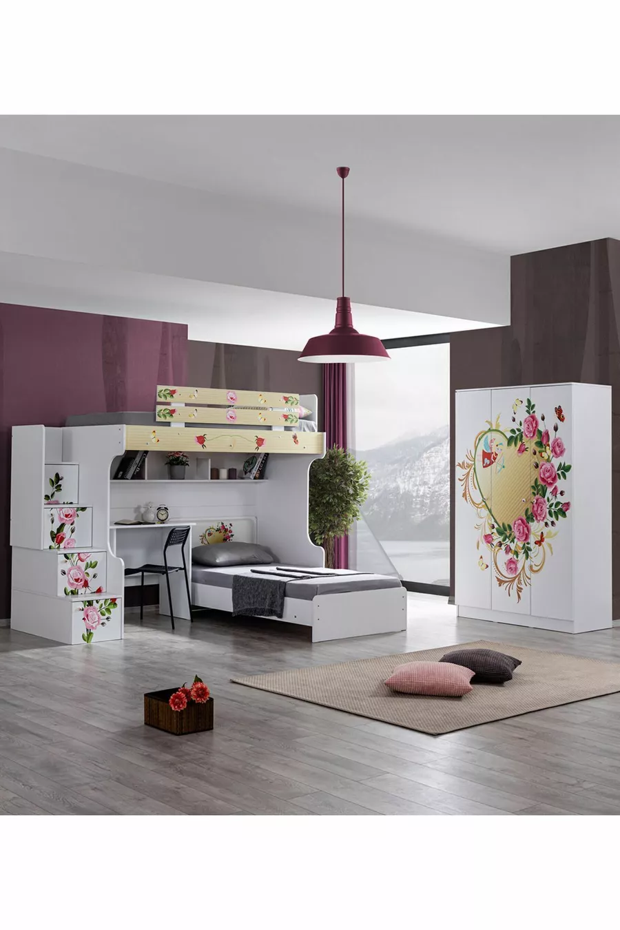 Lits superposés, Lit Mira Ranza avec bureau, armoire 3 portes et 2 matelas Comfort