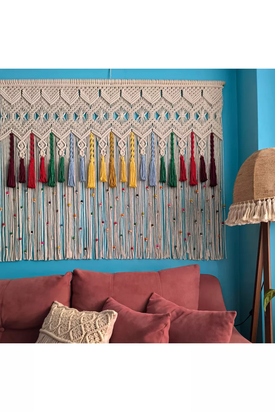Tête de lit en macramé multicolore
