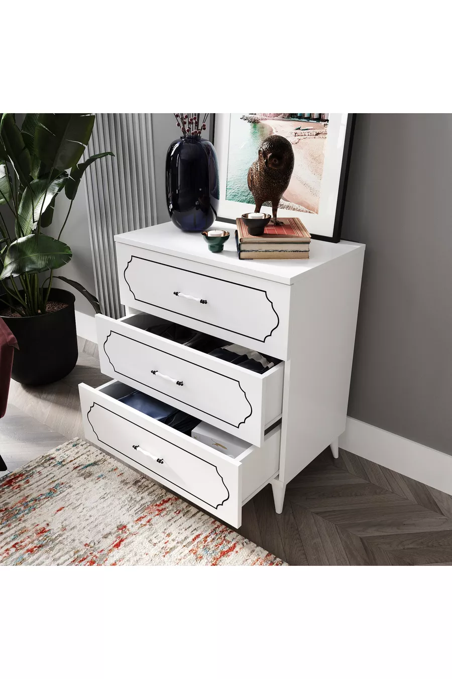 Commode moderne à 3 tiroirs Hayal blanche - Entièrement en MDF de qualité 1