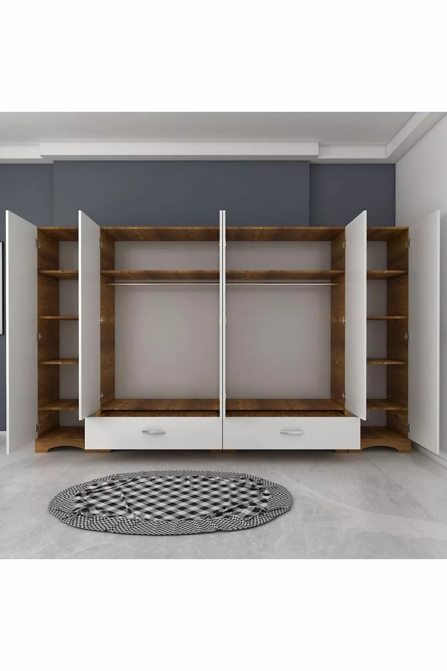 Armoire Rani  à large garde-robe, 6 portes, 2 tiroirs, 2 penderies, module unique, miniature noyer - blanc