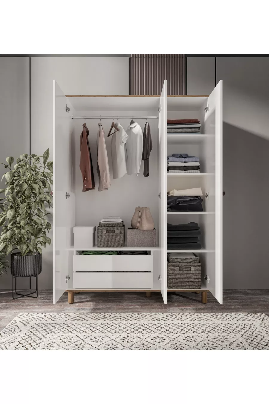 Armoire bohème avec miroir, 3 portes et 2 tiroirs, armoire à vêtements blanche - MDF de première qualité