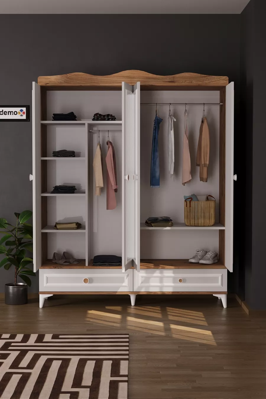Armoire à miroir Nova 4 portes avec 2 tiroirs, pin Atlantique