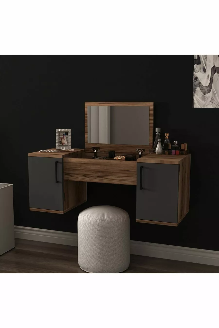 Coiffeuse Murale Mercan, ne Prend Pas de Place, Couleur Lidya Anthracite