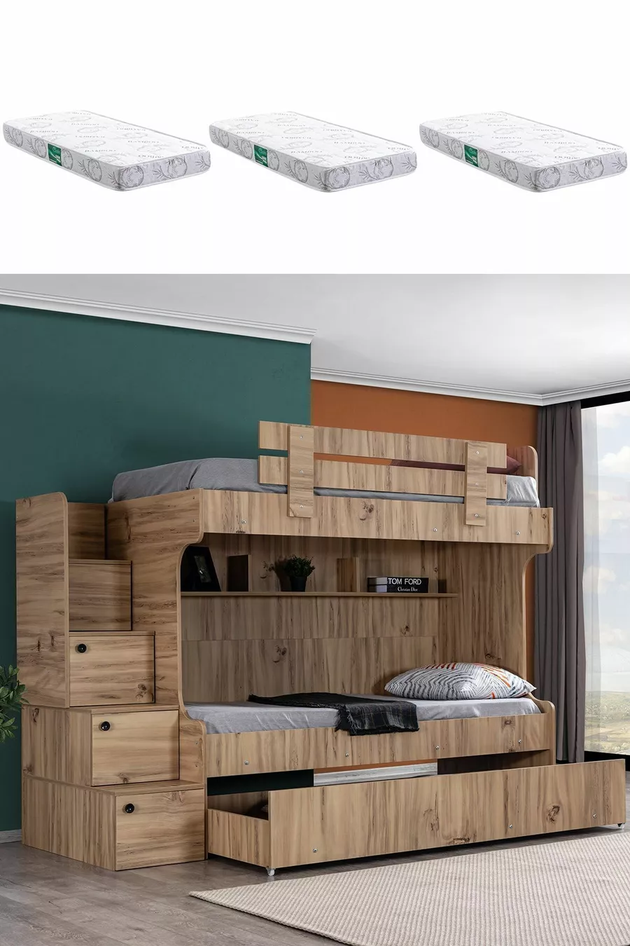 Lit superposé Viva avec tiroirs et 3 matelas confort