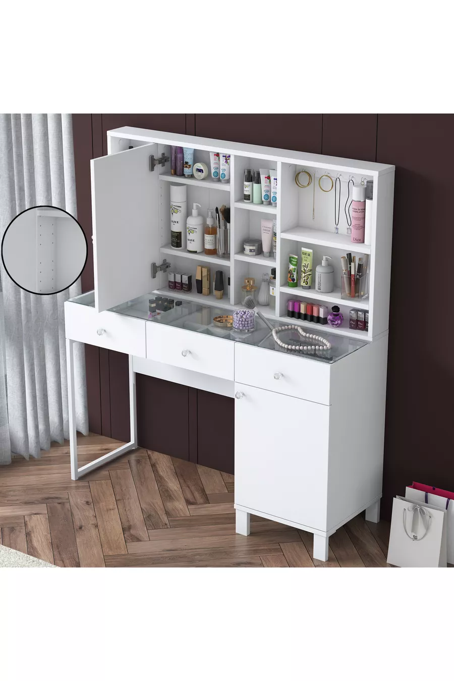 Coiffeuse avec tiroirs Rani à miroir et couvercle, organiseur de bijoux avec crochets, blanc
