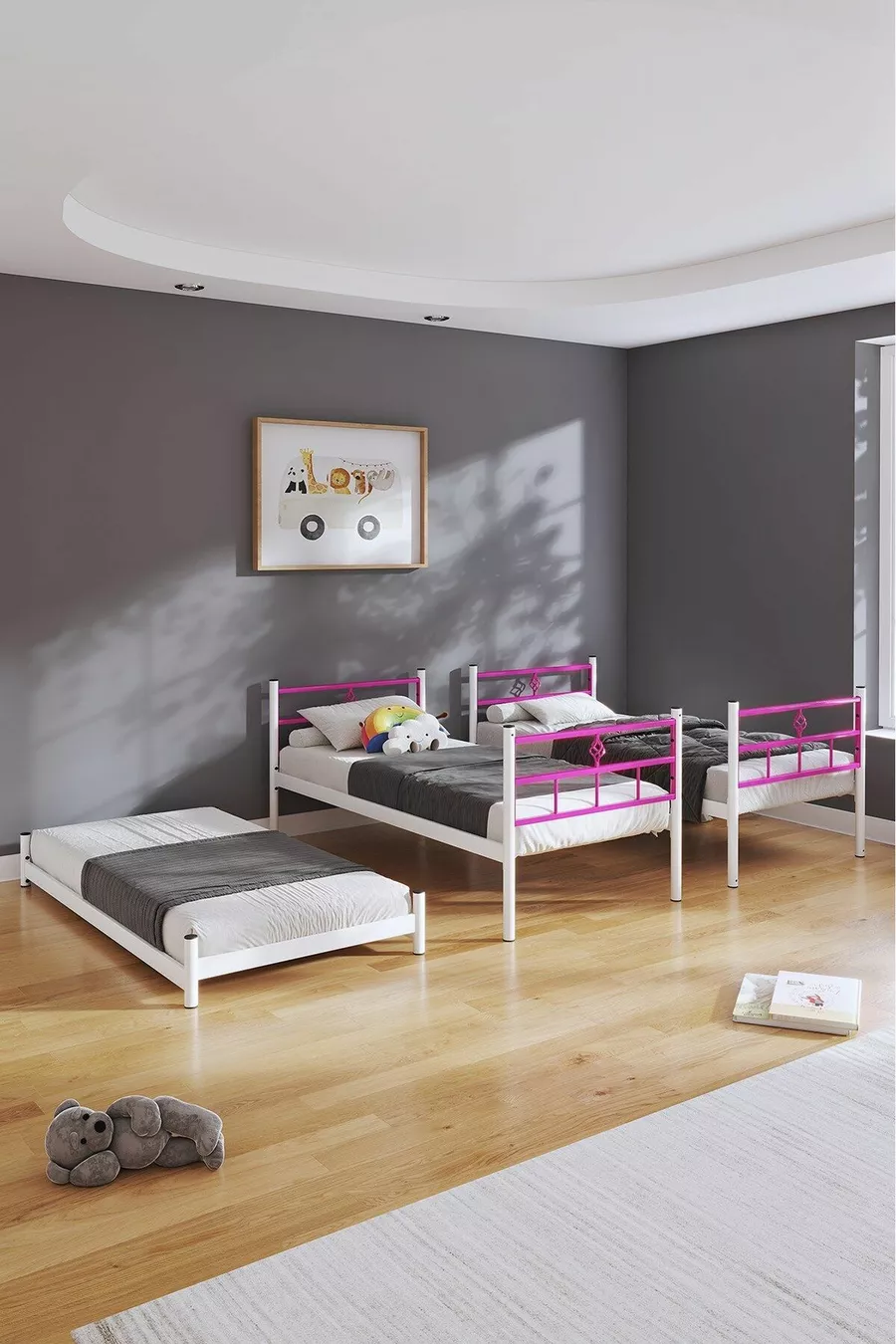 Lit superposé Koza avec tiroir, compatible pour 3 personnes, en métal rose foncé