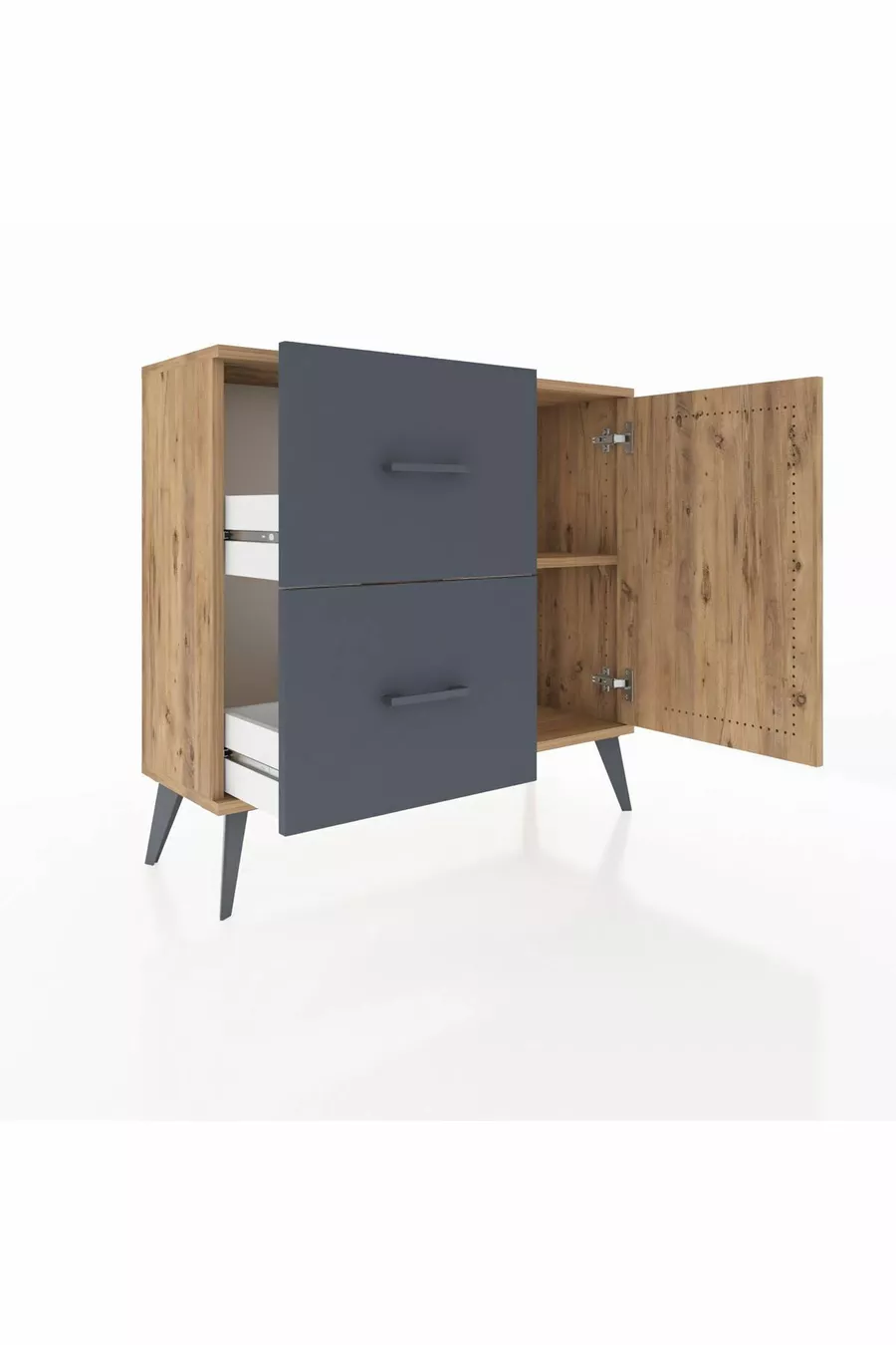Commode Arges avec une seule étagère, 2 tiroirs et une porte, Pin-Pin/Anthracite