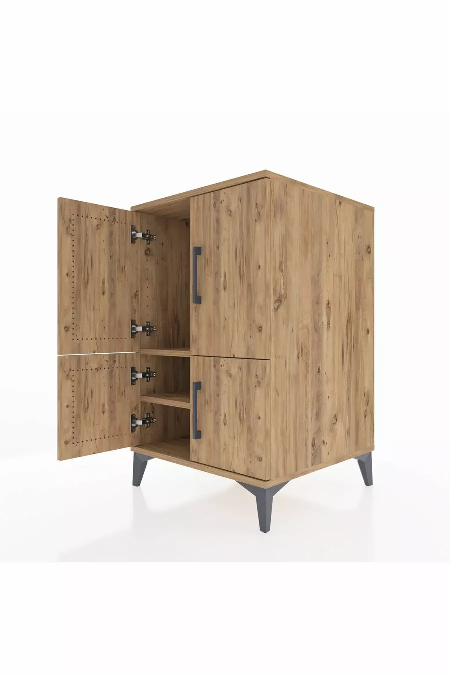 Table de chevet Kronos avec 2 étagères et 4 portes, pin-pin