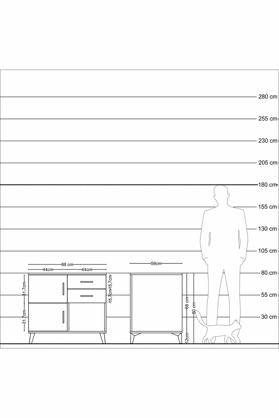 Commode Kronos à une étagère, 2 tiroirs, 2 portes, Anthracite-Pin/Anthracite
