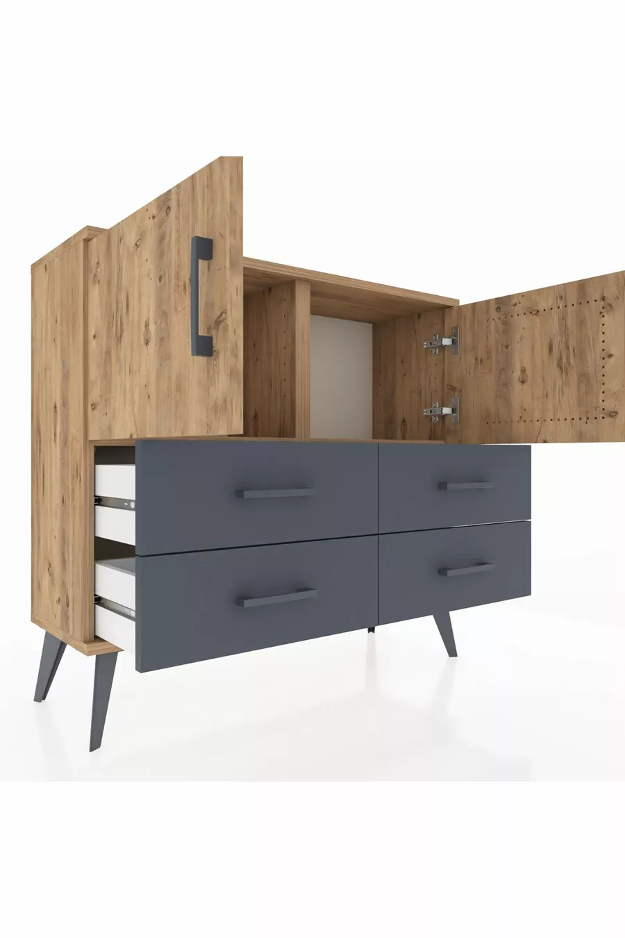 Commode Arges 2 étagères, 4 tiroirs, 2 portes, Pin/Anthracite