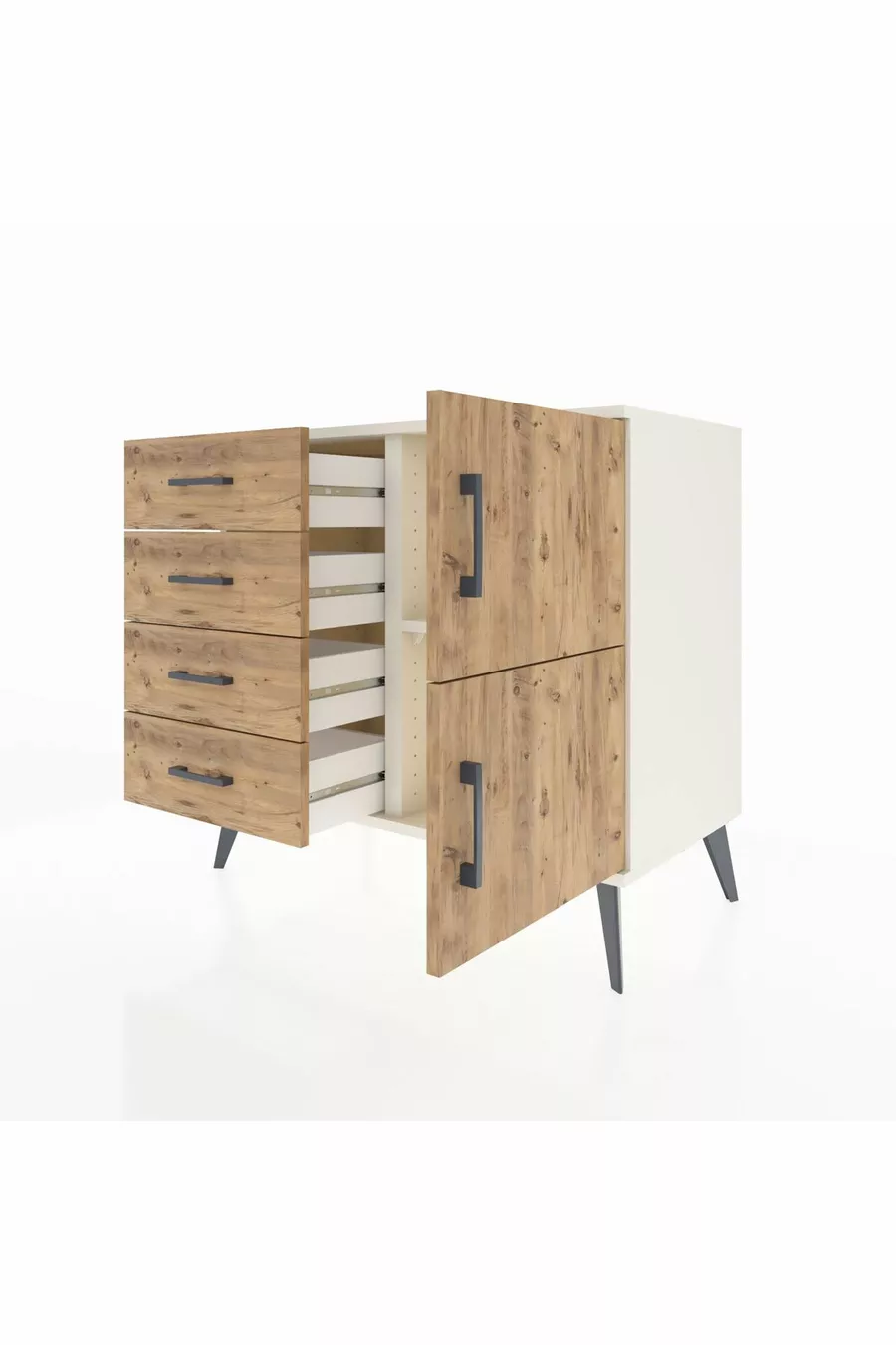Commode Hyperion à une étagère, 4 tiroirs et 2 portes, Pierre de lune-Pin